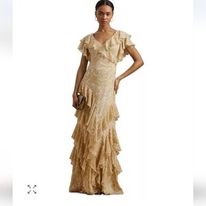 Lauren Ralf Lauren Floral Ruffle-Trim Georgette Gown Size 4
